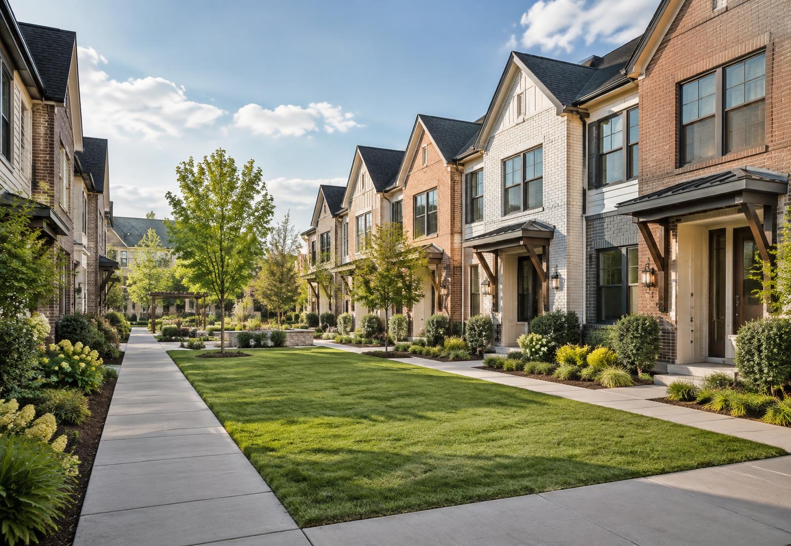 Clean sidewalks and landscaped common areas in a townhome community